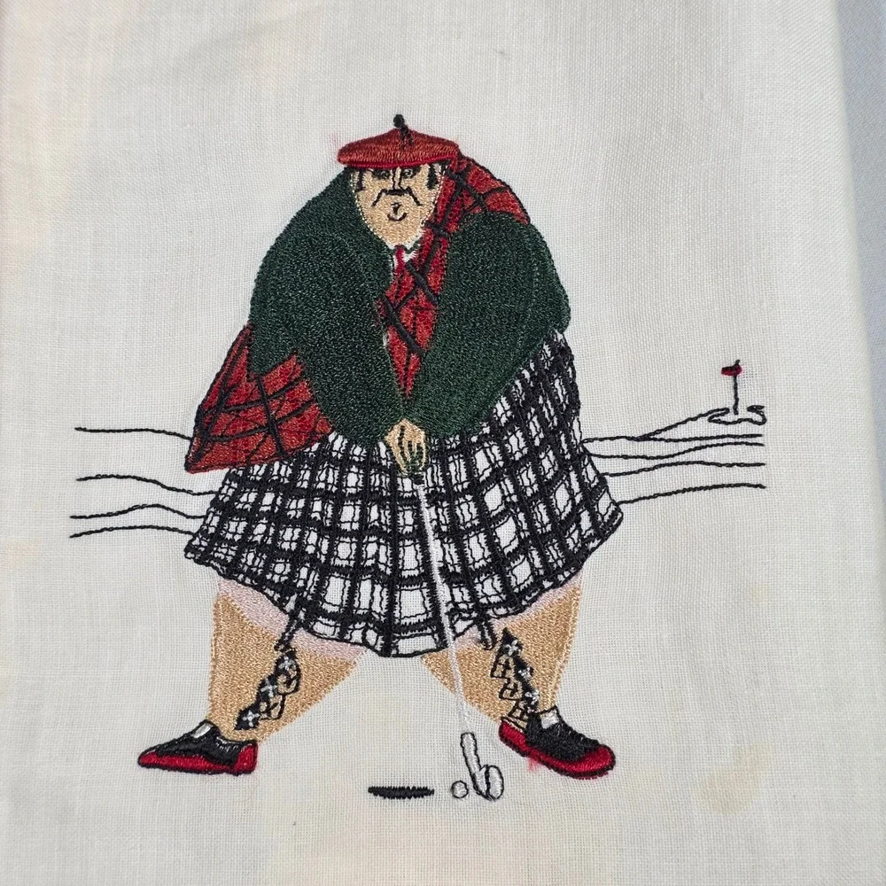 Scottish Golfers White Embroidered Tea Towels Set of 3 Ramie Cotton